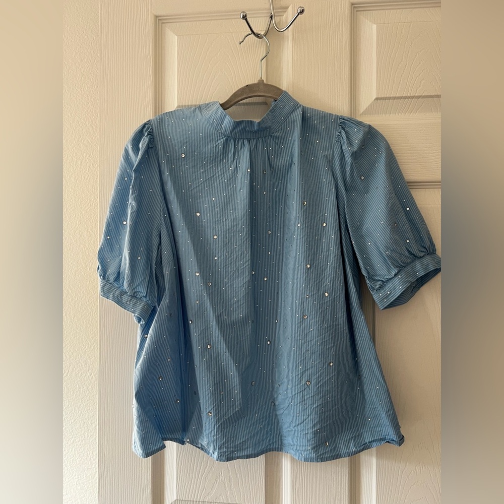 LOFT Blue Embellished Boxy Blouse with Mandarin Collar